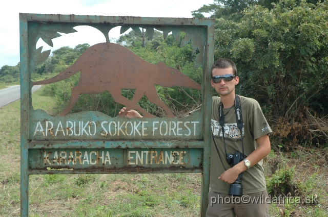 DSC_0096.JPG - Michal, our youngest expedition member at the Kararacha Entrance to Arabuko Sokoke Forest and silhoutte of our main goal to see - Golden-rumped Elephant Shrew (Rhynchocyon chrysopygus).